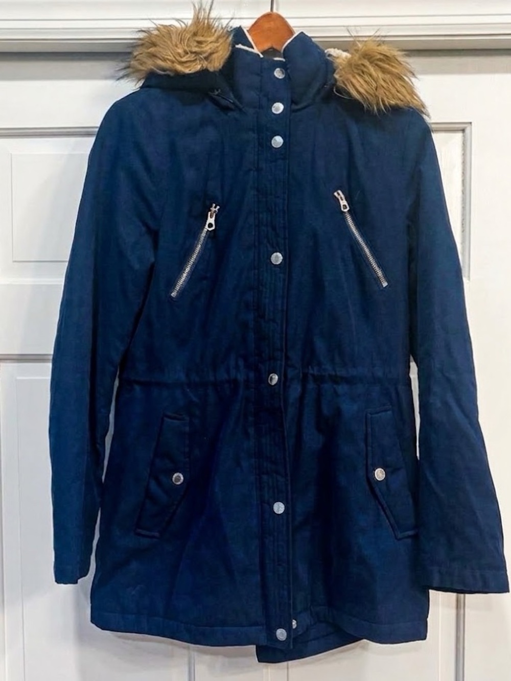 Nautica Navy Blue Parka Winter Jacket Faux Fur Hood Sherpa Lined Small